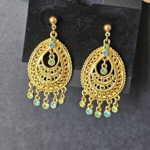 Joan Rivers Chandelier Dangle Earrings Gold Green Blue Stones GP‎ Filigree